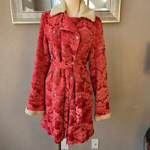 Ruff Hewn Red Floral Tapestry Coat Womens Faux Fur Collar Belted Jacket Large